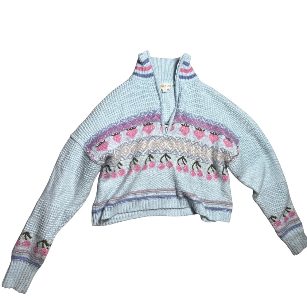 Coquette Sweater Blue Fair Isle Cherry Heart Quarter Zip Women XS Small
